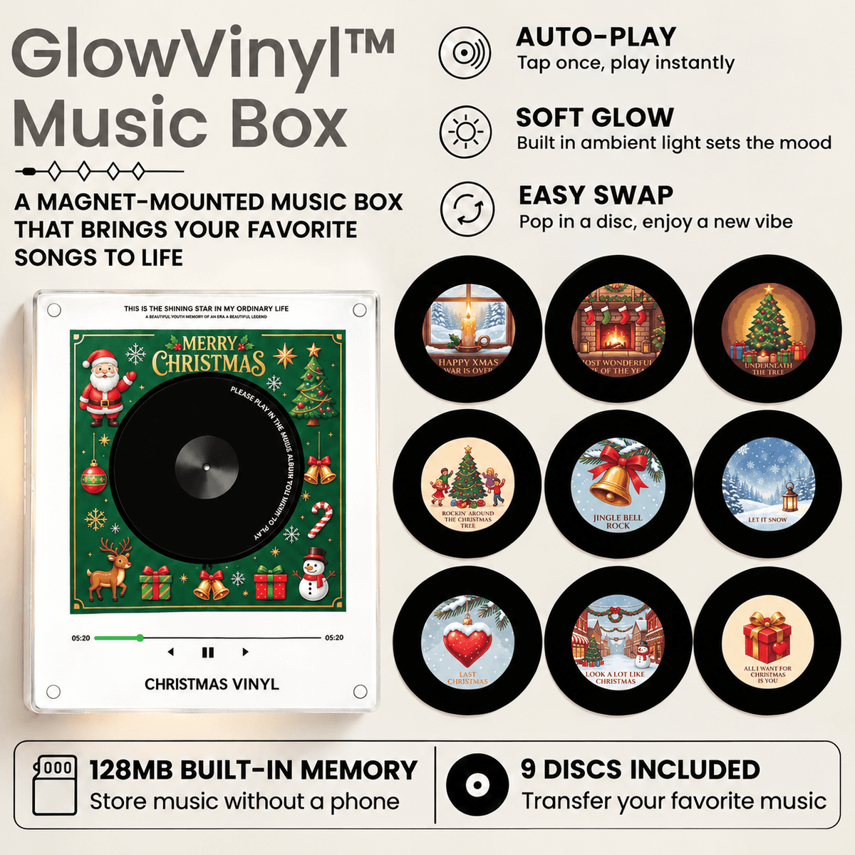 GlowVinyl™ Music Box Plus 9 Mini Vinyl Records